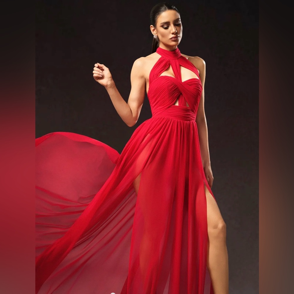 Red Backless Halter Evening Dress - Elegant Flowing Gown